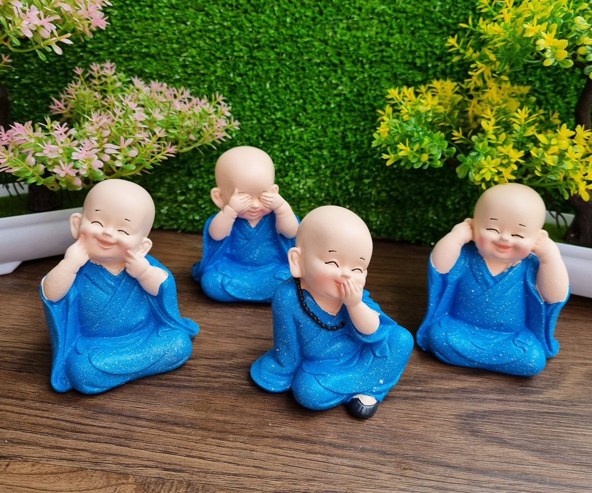 Bộ 04 chú tiểu Tứ Không áo màu xanh dương 10cm - tặng kèm túi 50 xu vàng mini may mắn