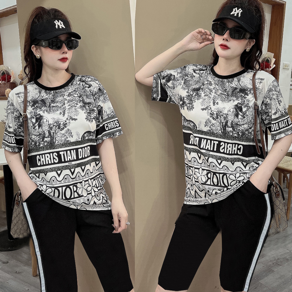 Đồ bộ thun đùi ngố họa tiết cây phối chữ cổ điển đen trắng