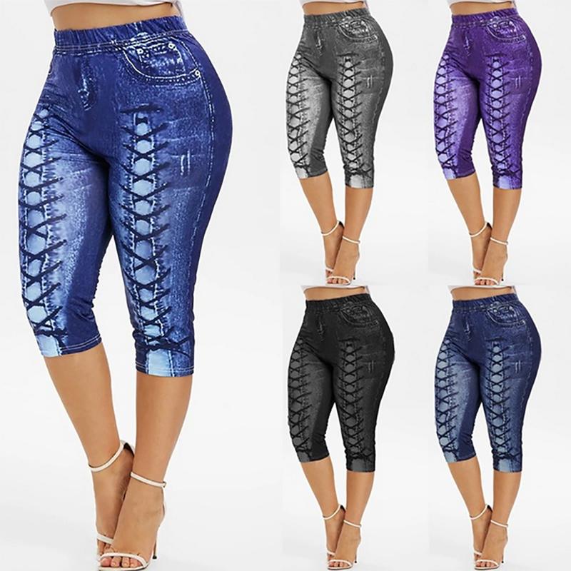 Cộng với kích thước phụ nữ yoga quần legging ngắn giả nữ denim ngắn quần hoa in quần short nữ Color: Style 3--Color 10 Size: S