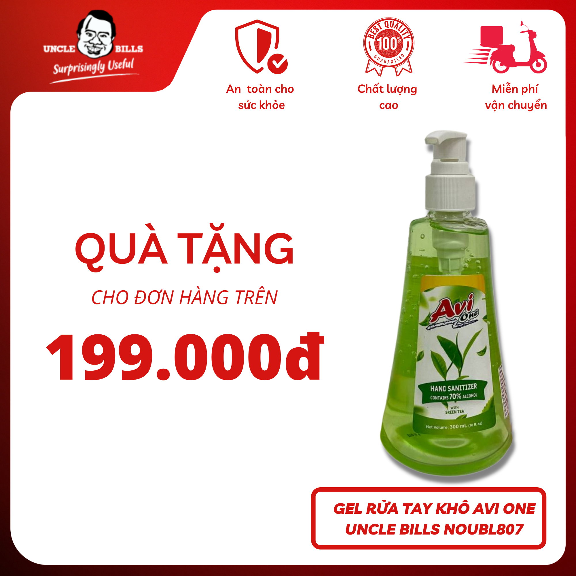 Nước Rửa Tay Khô 300ml Avi One Chứa Đến 70% Diệt Khuẩn Hương Chanh, Dâu, Trà Xanh Diệt Khuẩn Nhanh Bảo Vệ Sức Khỏe Uncle Bills NOUBL807