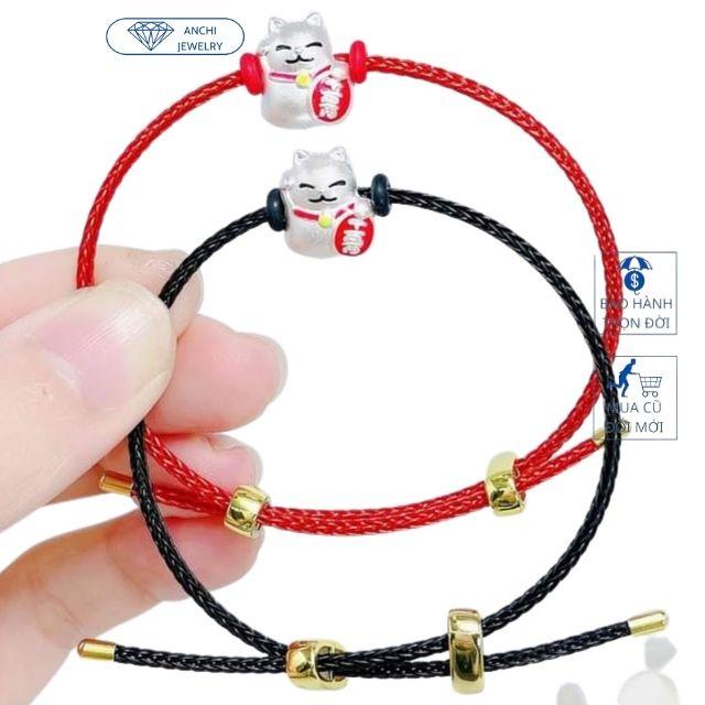 Vòng tay dây cước charm mèo thần tài, bạc ta dây 2mm may mắn, Anchi jewelry