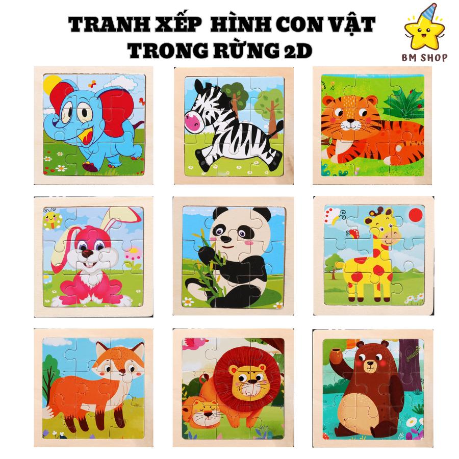 Tranh xếp hình gỗ, ghép hình gỗ 2D, 9 miếng, mẫu động vật rừng xanh chất liệu an toàn cho bé