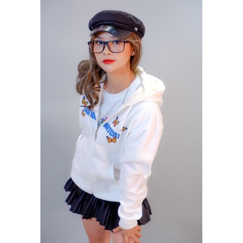 Áo khoác nữ nỉ bông hàng qc form rộng unisex hàng qc khoá zip in TUS.N BƯỚM - CANDA 3357