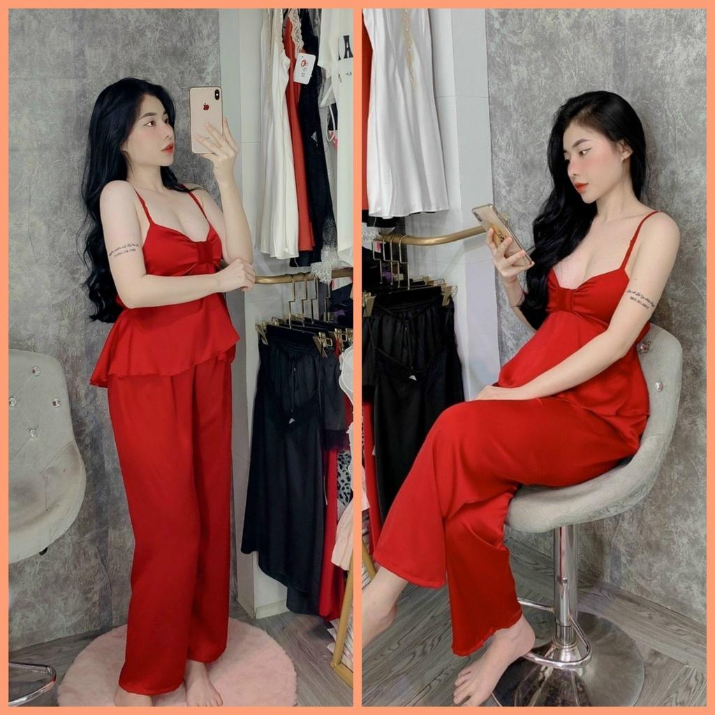 Đồ ngủ hai dây sexy hở lưng quần dài, set đồ bộ nữ mặc nhà satin mềm mịn mát