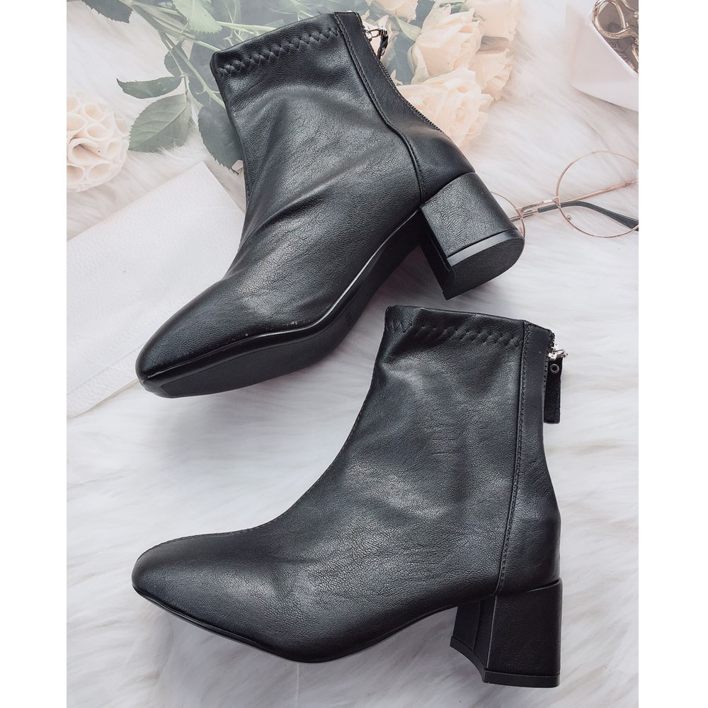 Bốt/ Boots Nữ Cổ Lửng Da Mềm Khoá Sau Vạt Gót vuông 5p  Kèm Tất Gấu Siêu Xinh