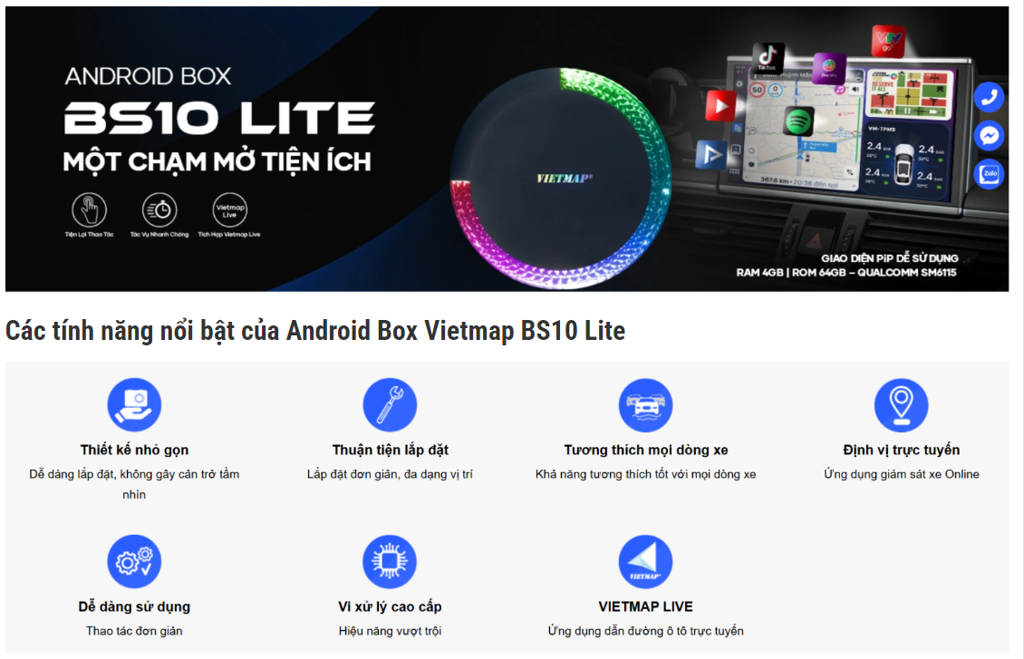 Vietmap BS10 LITE -  dành cho phụ kiện ô tô CarPlay An.droid Auto Dẫn đường và Vietmap Live - Hàng chính hãng