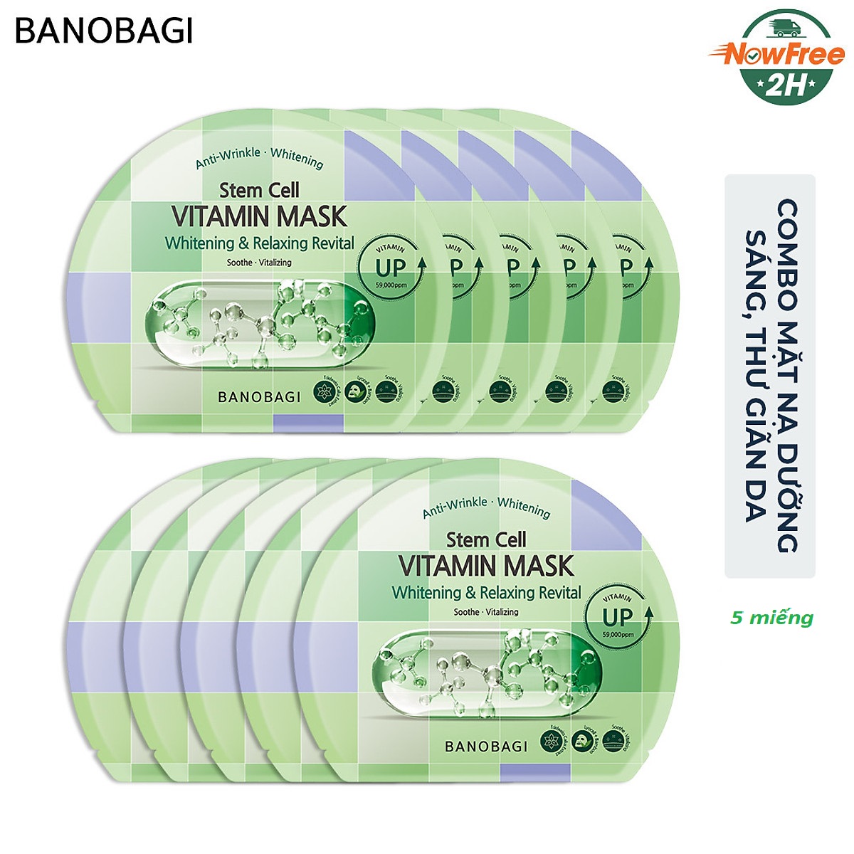 combo 5 miếng Mặt Nạ Banobagi Stem Cell Vitamin Mask Whitening and Relaxing Revital 30g-xanh lá