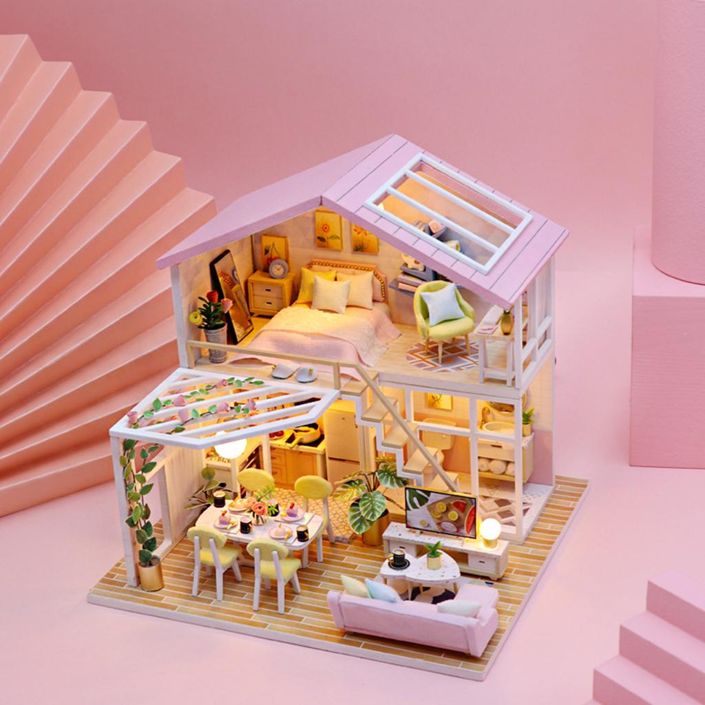 DIY Dollhouse Miniature Kit with Furniture Kits 3D Wooden Miniature House - 2 Stories Miniature Dolls House Cottage Building Model