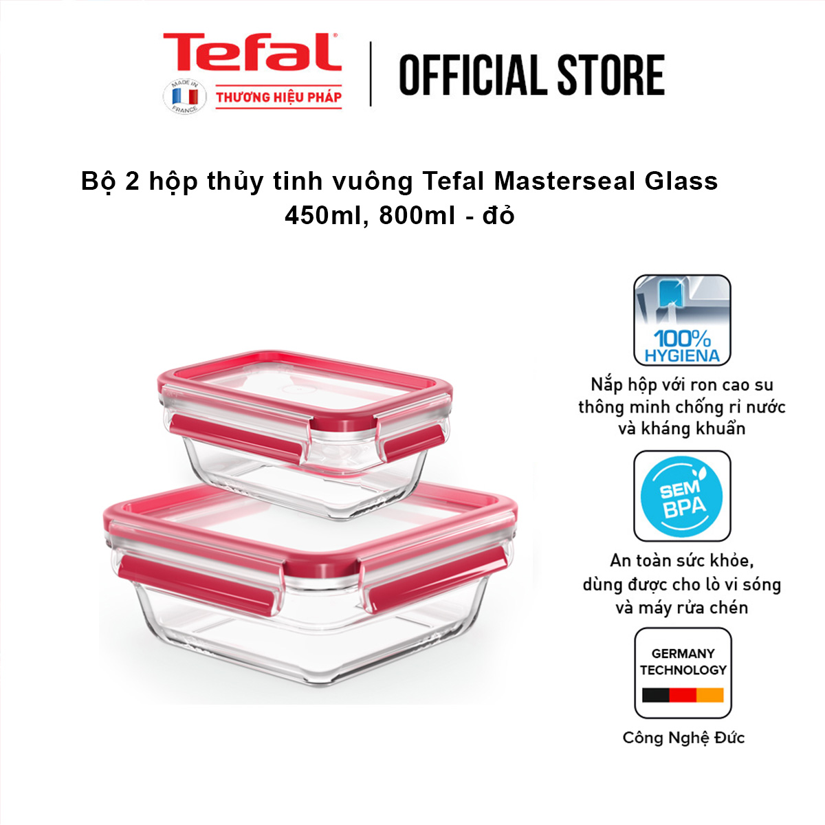 Bộ 2 hộp thủy tinh vuông Tefal Masterseal Glass 450ml, 800ml - đỏ