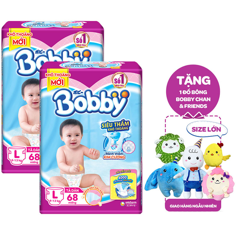 Combo 2 Tã Dán Bobby Êm Mềm Khô Thoáng L68 (68 miếng) - Tặng 1 đồ bông Bobby Chan (Sưu tập 05 con Bobby Chan &amp; Những người bạn)