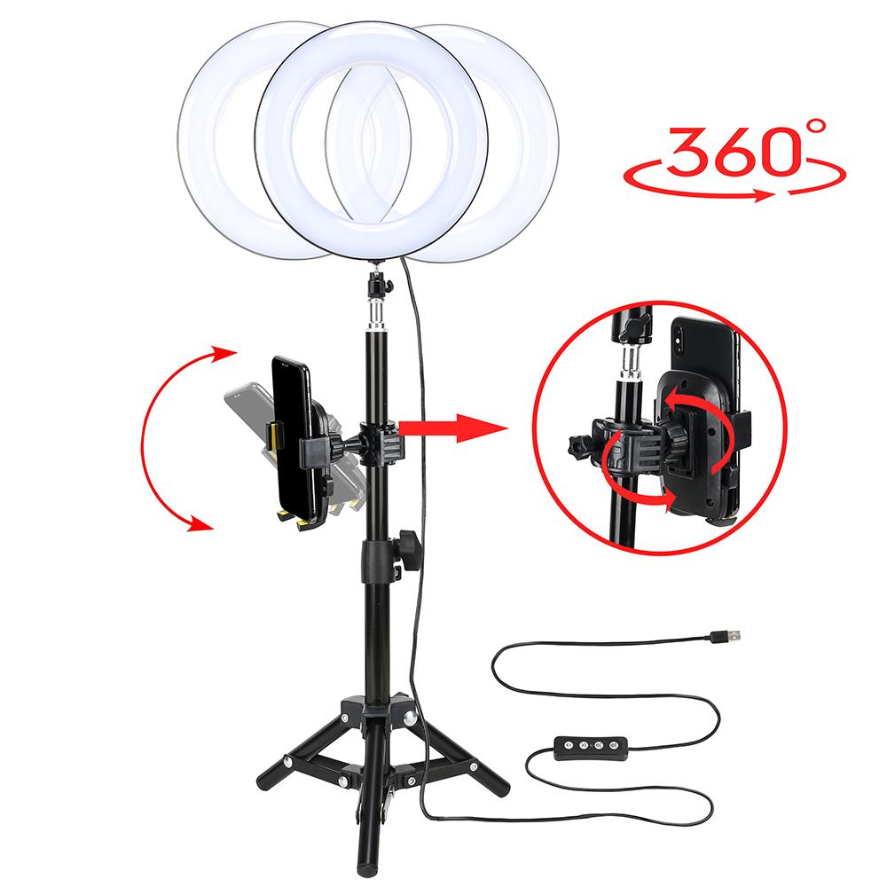 Đèn LED vòng để bàn 8 inch 3 Chế độ chiếu sáng USB có thể điều chỉnh độ sáng Được hỗ trợ bằng giá đỡ điện thoại Mini Ball Head Tripod Stand Điều khiển từ xa