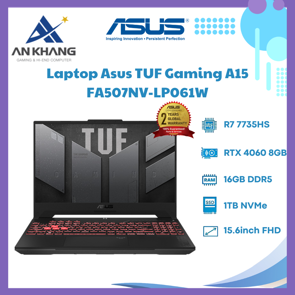 Laptop ASUS TUF Gaming A15 FA507NV-LP061W (Ryzen 7-7735HS | 16GB | 1TB | RTX 4060 8GB | 15.6 inch FHD | Win 11 | Xám) - Hàng Chính Hãng - Bảo Hành 24 Tháng