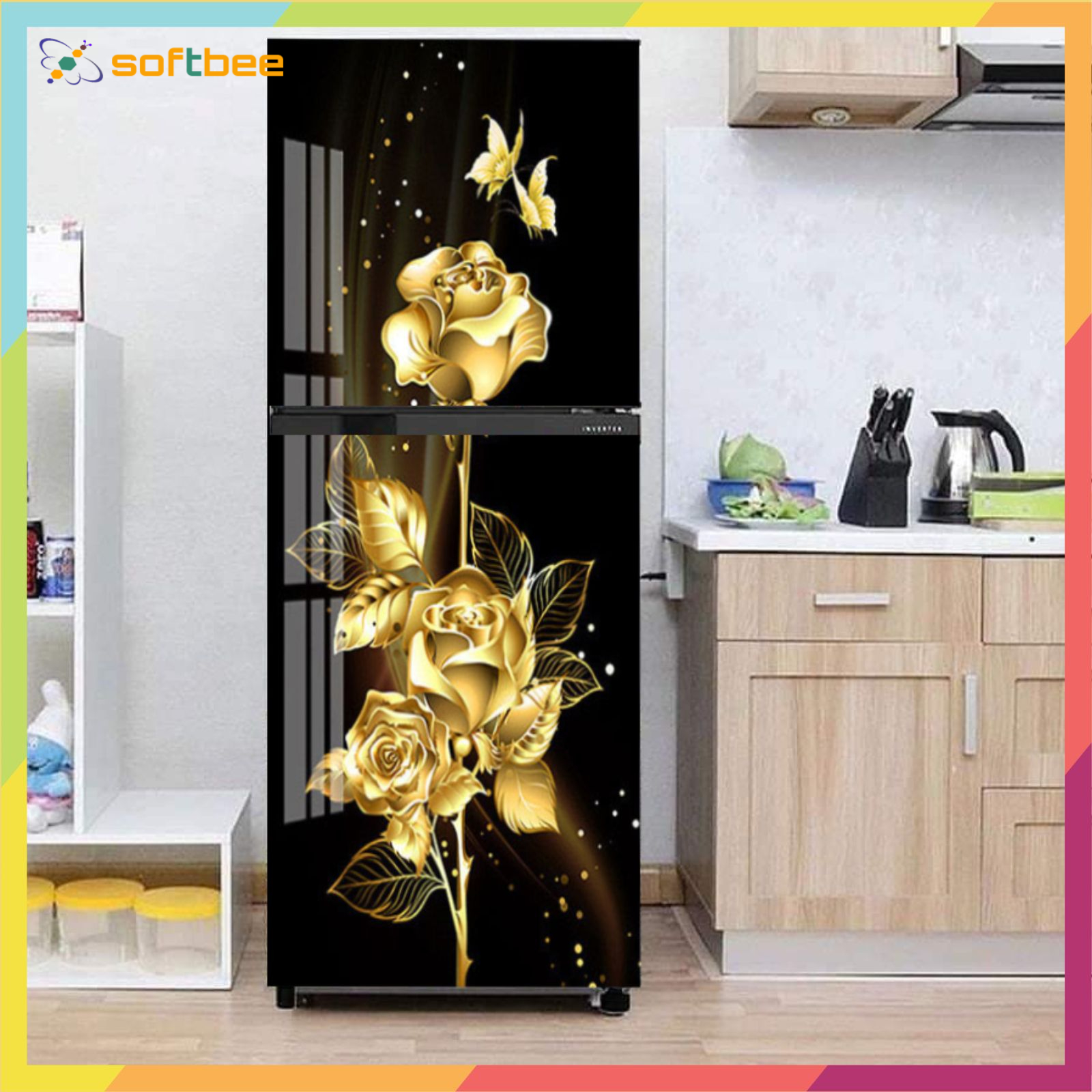 Decal dán tủ lạnh, gồm 4 kích thước chọn lựa, in hình hoa hồng phông đen, chống nước, keo bám dính tốt