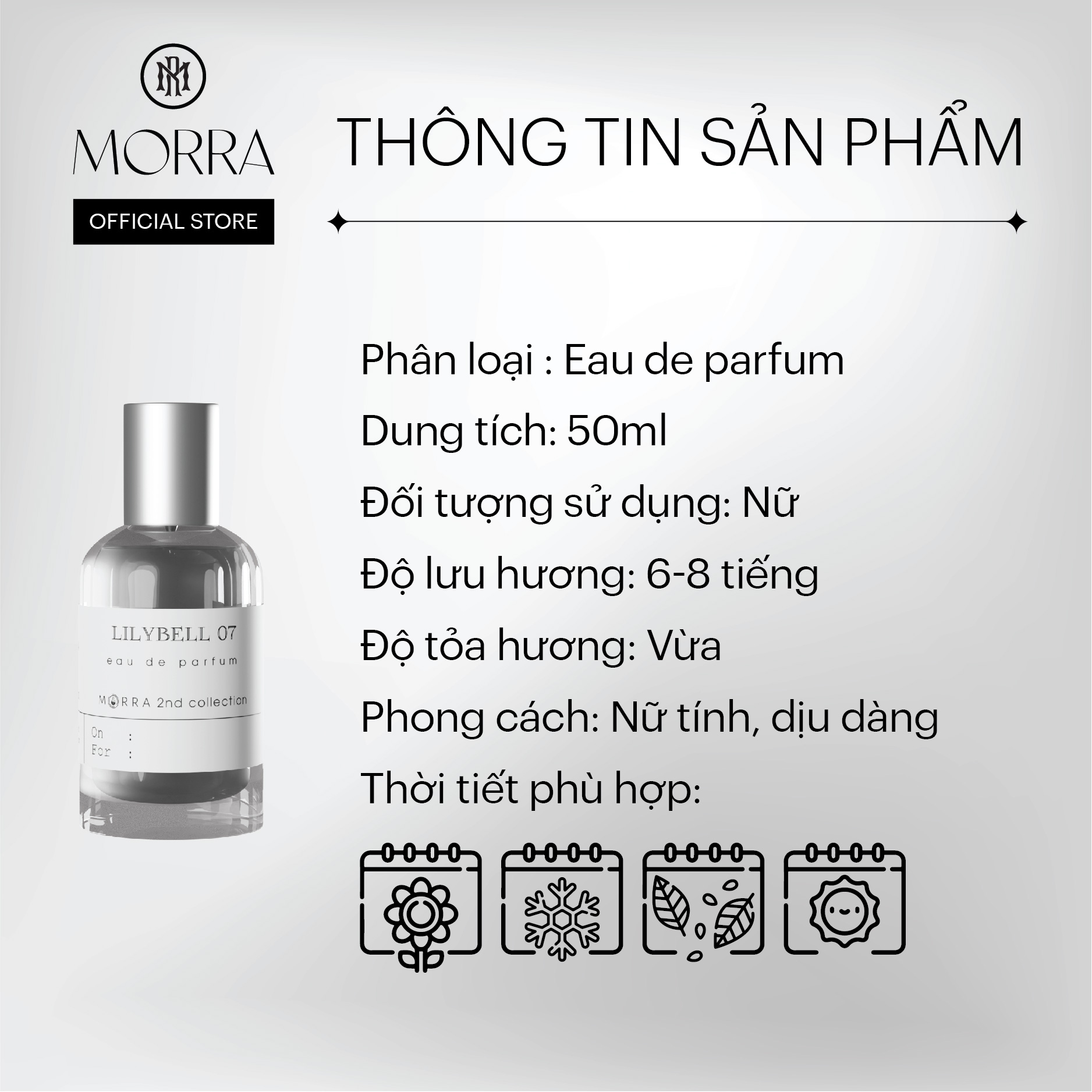 Nước Hoa Nữ Morra Lilybell 07 Chai 50ml Nguyên Liệu Nhập Pháp Hương Thơm Sang Trọng, Nhẹ Nhàng, Ngọt Ngào - Dạng Xịt