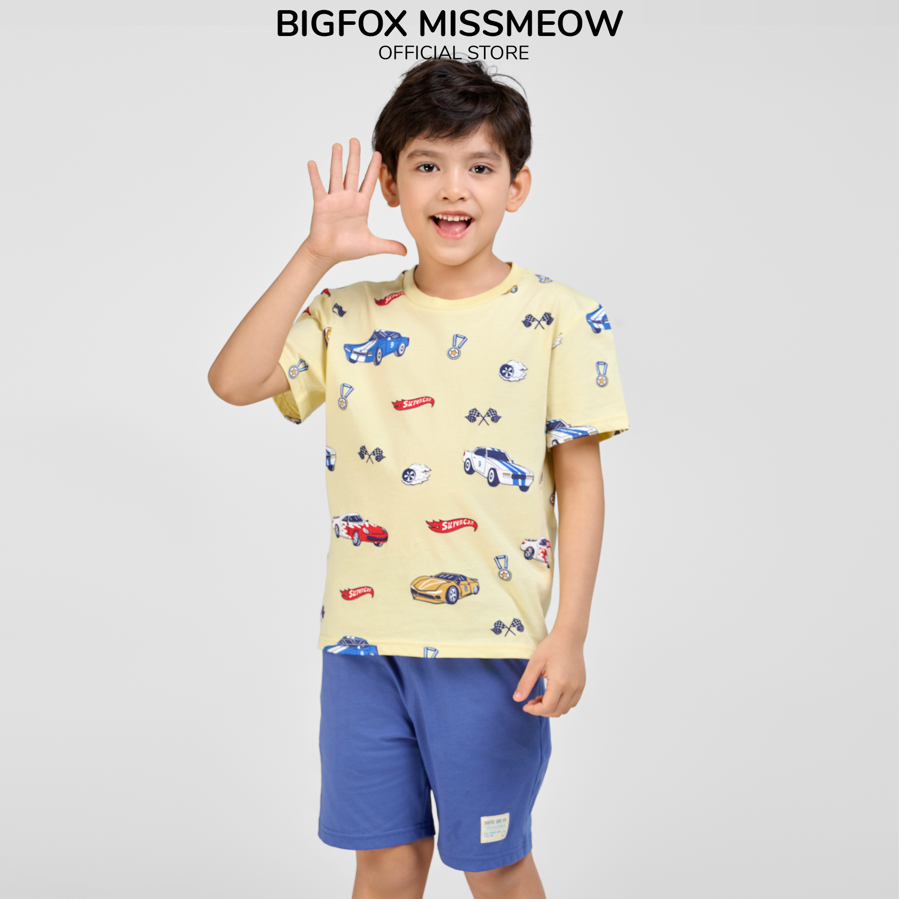 Bộ bé trai Bigfox Miss Meow cộc tay mùa hè, chất cotton size đại in ô tô 3,7,9,11 tuổi 30kg 40kg