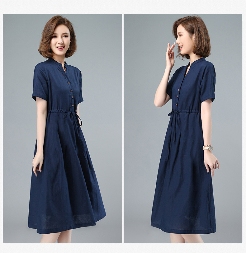 Đầm suông cổ tròn, chất liệu linen mặc dề chịu có dây thắt eo màu xanh đen da160