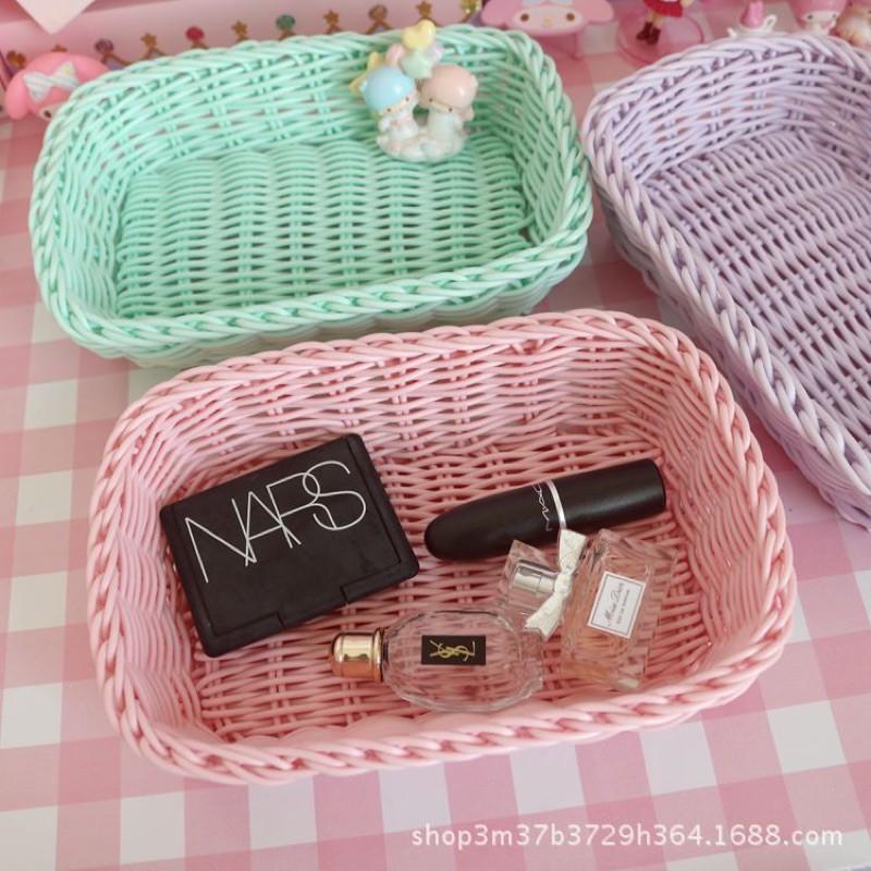 Giỏ đựng đồ đa năng, rổ nhựa giả mây màu Pastel đựng đồ nhỏ xinh