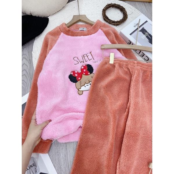 Bộ ngủ, mặc nhà lông cừu 2 mặt mềm mại hình cô gái dễ thương