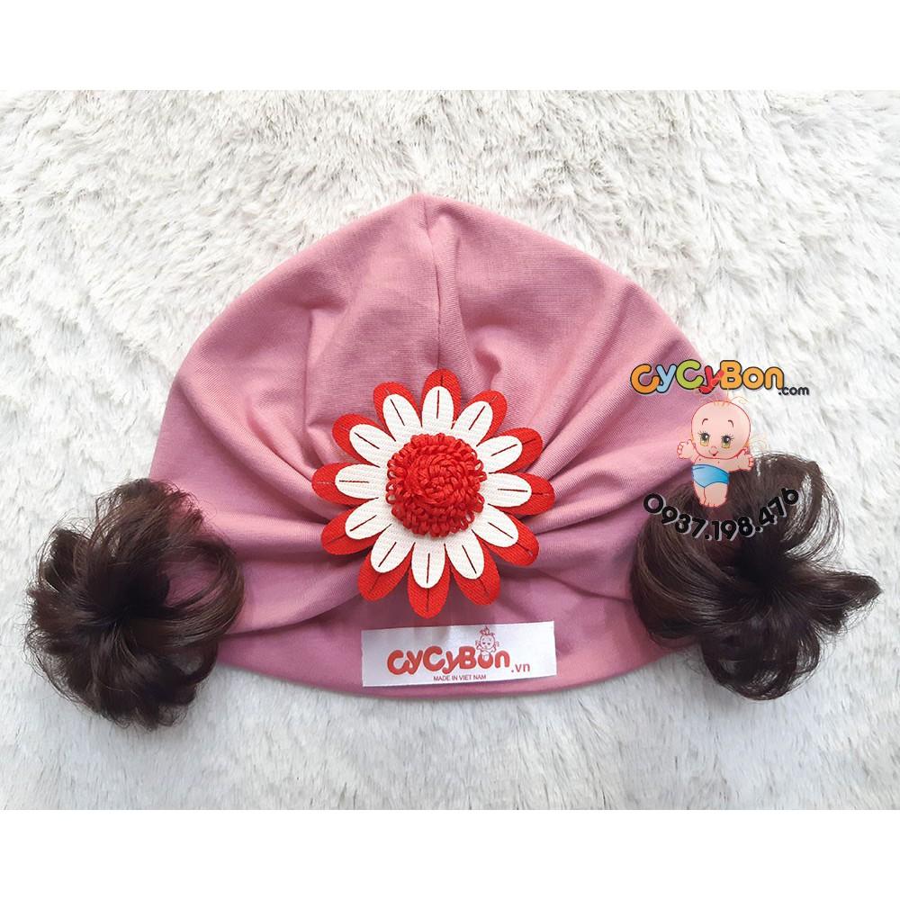 Mũ Nón Turban Tóc Giả chất Thun Cotton Bao Co Giãn Đính Bông Cúc Đỏ Trắng Cho Bé Gái - Có Size Từ Sơ Sinh