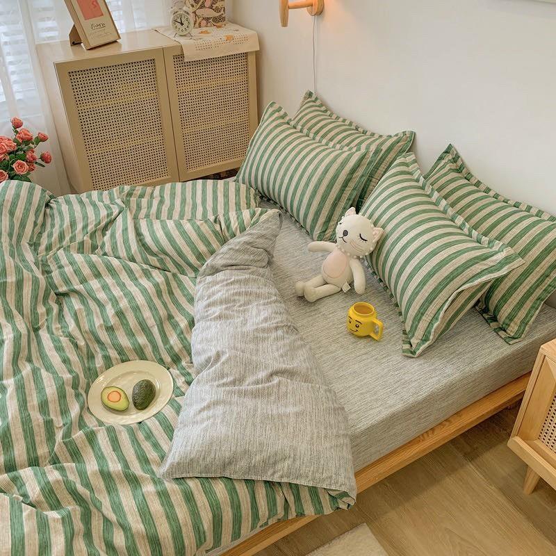 Bộ chăn ga gối Coton poly M2T bedding xanh lá sọc, vỏ chăn mền, drap giường và 2 vỏ gối