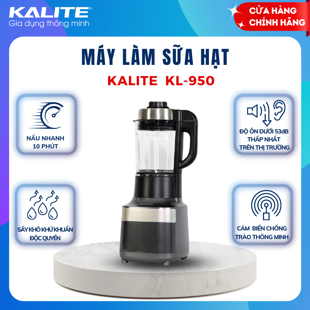 Máy làm sữa hạt đa năng Kalite KL 950, công suất 2700W, dung tích 1.75L, sấy khô khử khuẩn, nắp cảm biến chống trào, hàng chính hãng