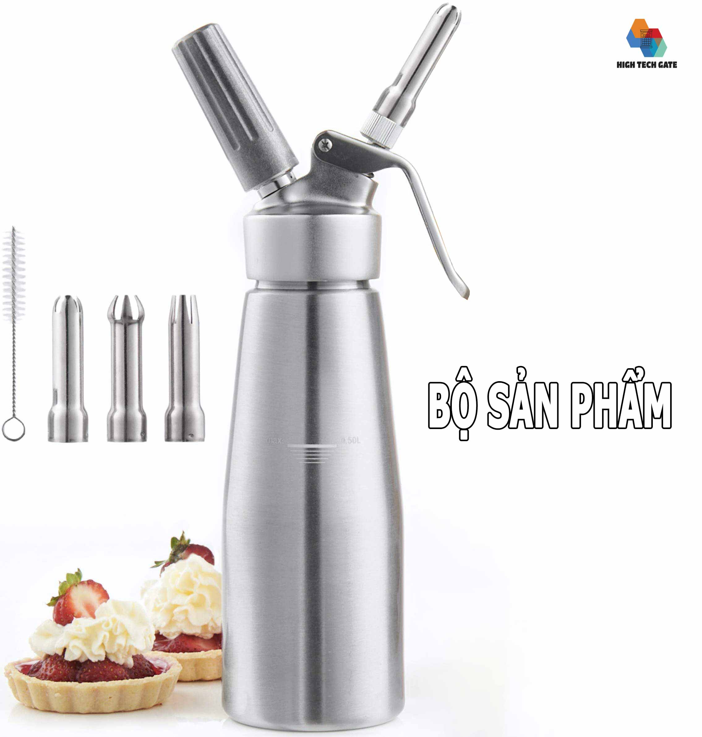 Bình xịt kem tươi Cream Whipper 3 vòi inox, dung tích 500ml, tạo bông kem