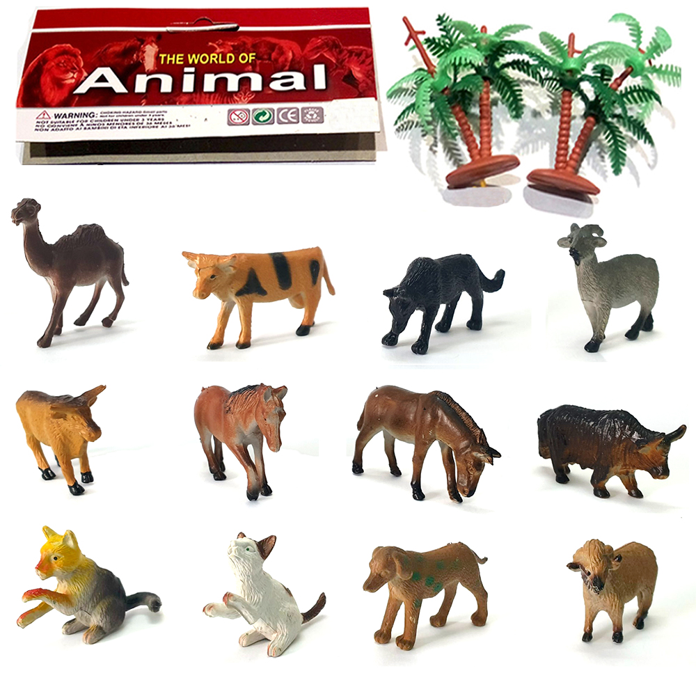 Combo 2 bộ đồ chơi động vật nuôi trong nông trại kèm cây trang trí (4-7cm)