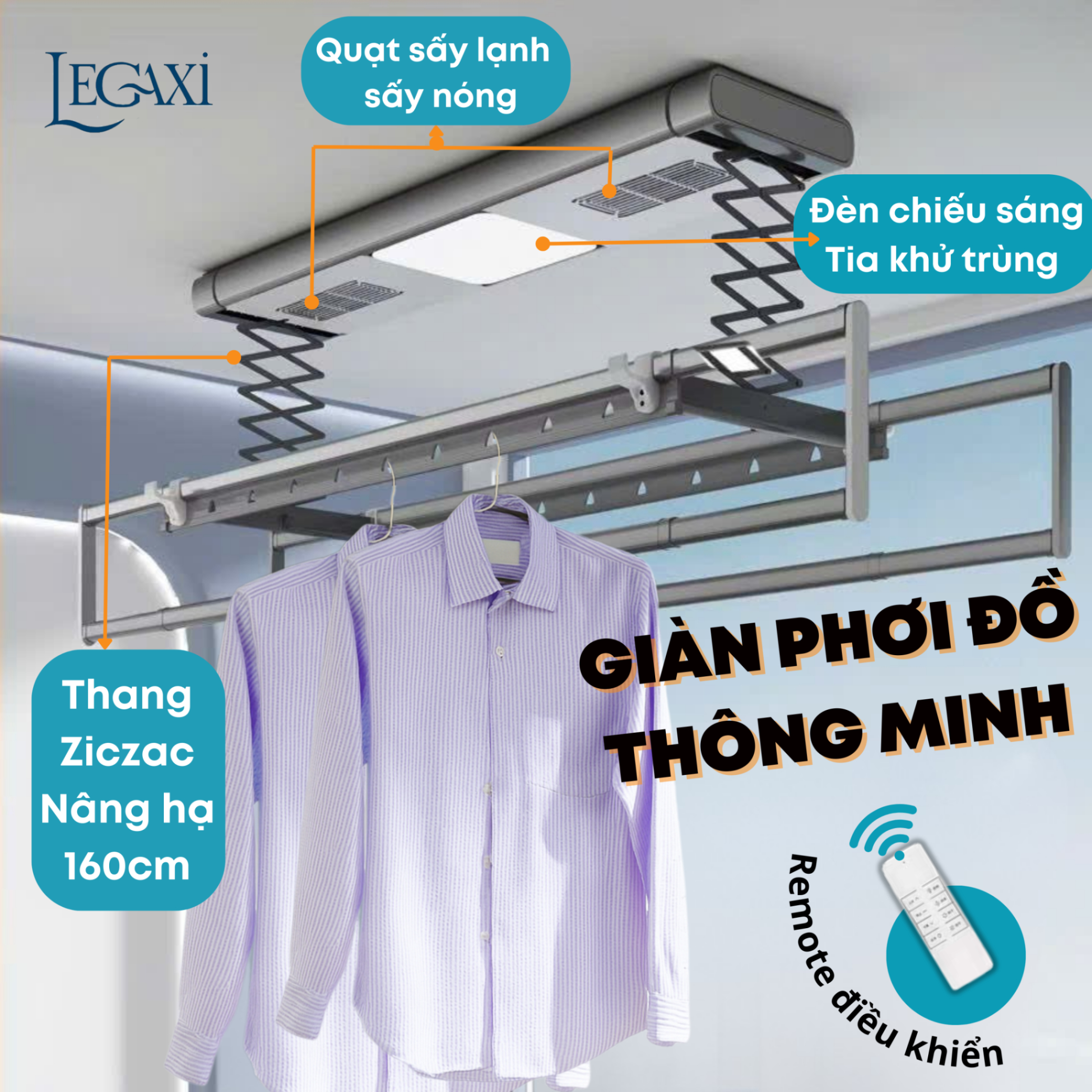 Sào Phơi Đồ Tự Động, Giá Treo Quần Áo Có Quạt Sấy Khô Đèn LED Khử Trùng Tia Cực Tím Remote Gắn Trần Legaxi