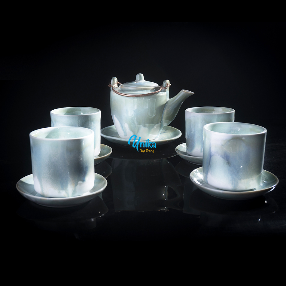 Bộ ấm trà dáng mới men ngọc trai hỏa biến - Gốm sữ Bát Tràng