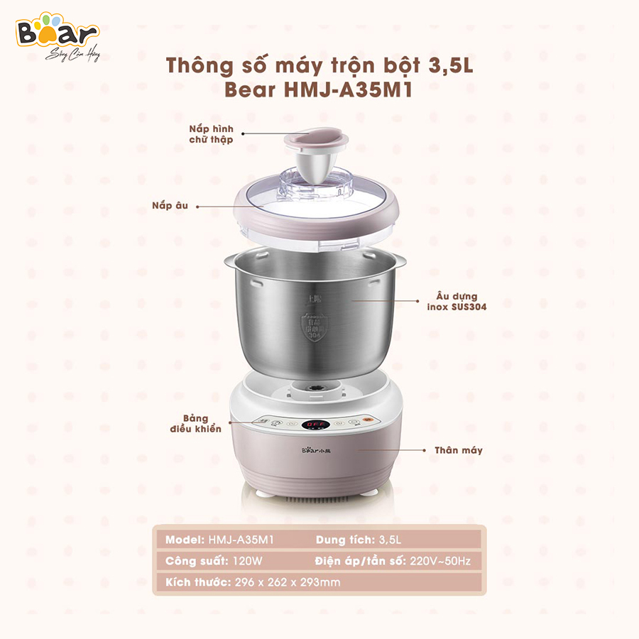 Máy Trộn Bột 3,5L Bear HMJ-A35M1 - Bản Nội Địa, Inox 304, Ủ, Nhào Nhanh, Công Suất Lớn - Hàng Chính Hãng