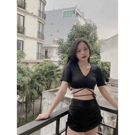 ĐỒ BƠI # SET BIKINI ĐI BIỂN HAI MẢNH ÁO TAY NGẮN RÚT NGỰC CHÂN VÁY RÚT DỄ THƯƠNG HM208