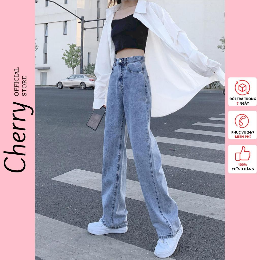 Quần bò ống rộng nữ cạp cao CHERRY quần jeans ống rộng lưng cao, vải bò dày đẹp , không giãn ,dáng suông T008