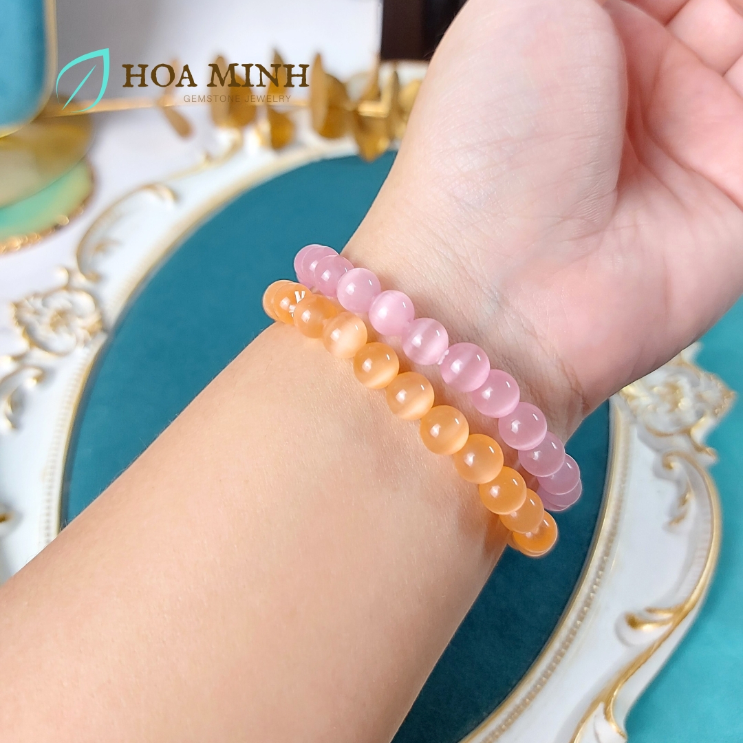 Vòng tay đá Mắt Mèo trơn size hạt 7.8 li đa sắc màu phong cách xinh xắn dễ thương