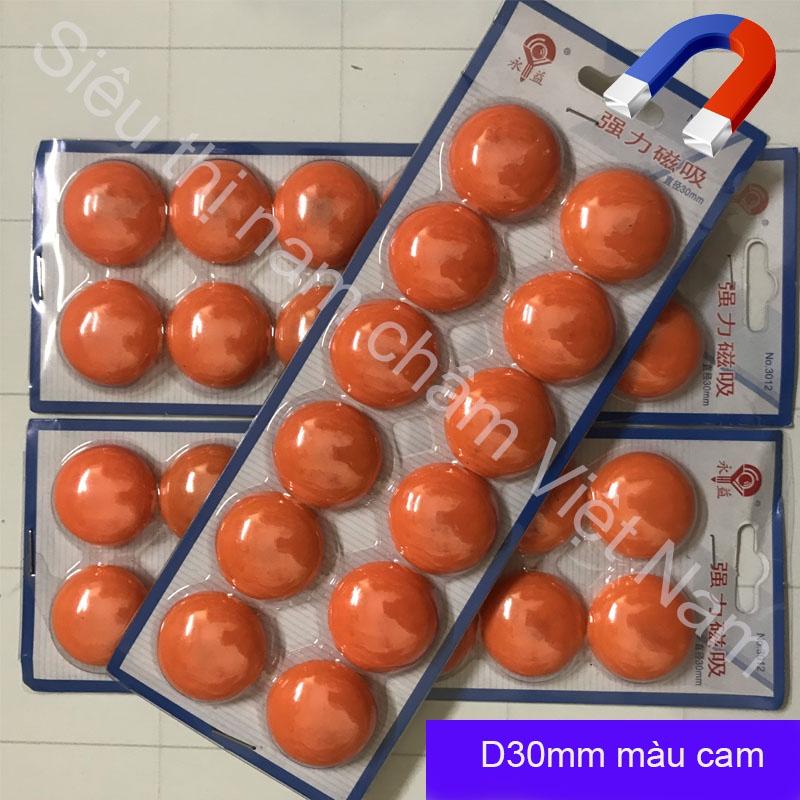 Vỉ nam châm 12 viên siêu đính bảng từ kích thước 30mm, nam châm màu cam