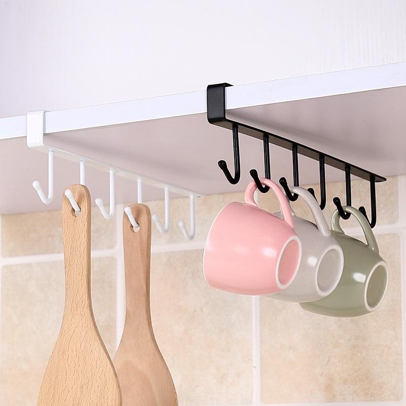 Giá 6 móc treo đồ đa năng tiện lợi gắn cài kẹp dưới tủ bếp tủ quần áo, kệ bàn để cốc ly, dụng cụ nấu ăn