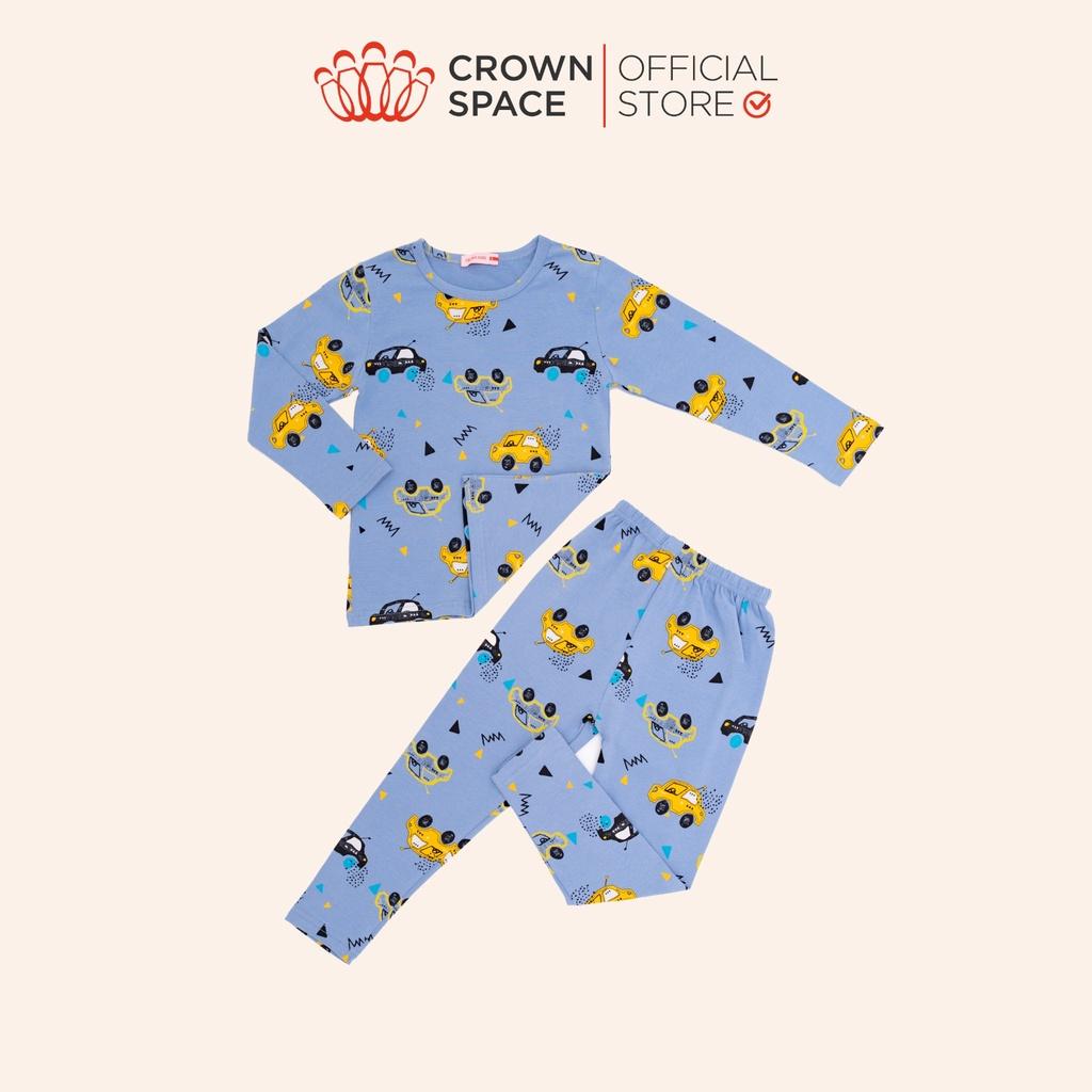 Bộ Mặc Nhà Dài Tay Bé Trai Crown Space Cao Cấp Xanh Pastel - Cotton Thoáng Mát Hình Khủng Long CKBL5911709 Size 19-27Kg