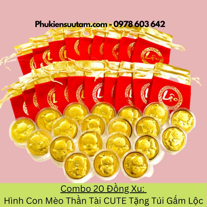 Combo 20 Đồng Xu Hình Con Mèo Thần Tài CUTE Tặng Túi Gấm Lộc, đường kính: 4cm, màu vàng - SP005931