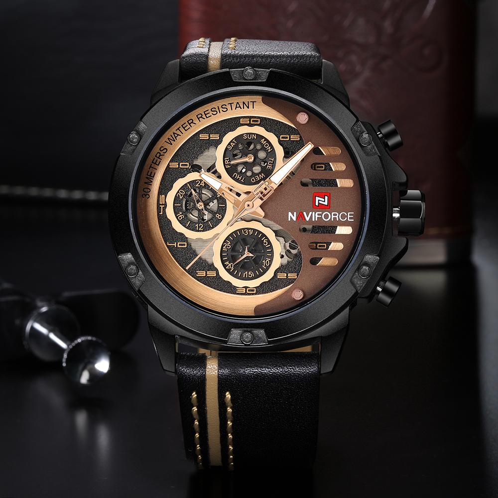 Đồng hồ thời trang nam NAVIFORCE Quartz chống nước 3ATM Đồng hồ da thật phát sáng Đồng hồ đeo tay nam Relogio