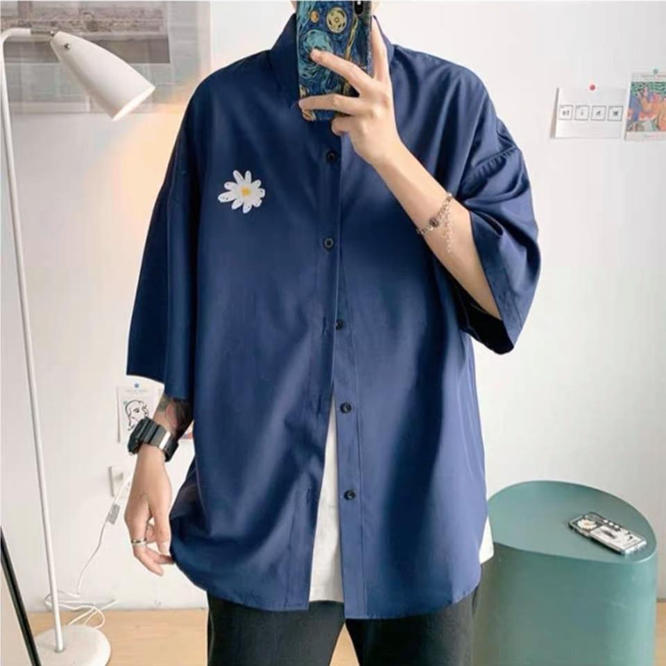 Áo sơ mi hoa cúc tay lỡ 3 màu Hồng, Xanh, Đen cho mùa hè năng động