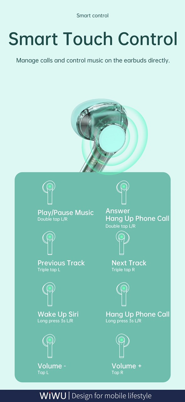 Tai nghe Wiwu Pure Sound TWS12 kết nối Bluetooth V5.3, có điều khiển cảm ứng trực tiếp trên tai nghe - Hàng chính hãng