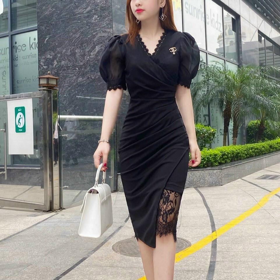 Đầm body nữ dự tiệc tay bồng phối ren màu trắng đen gợi cảm trẻ trung