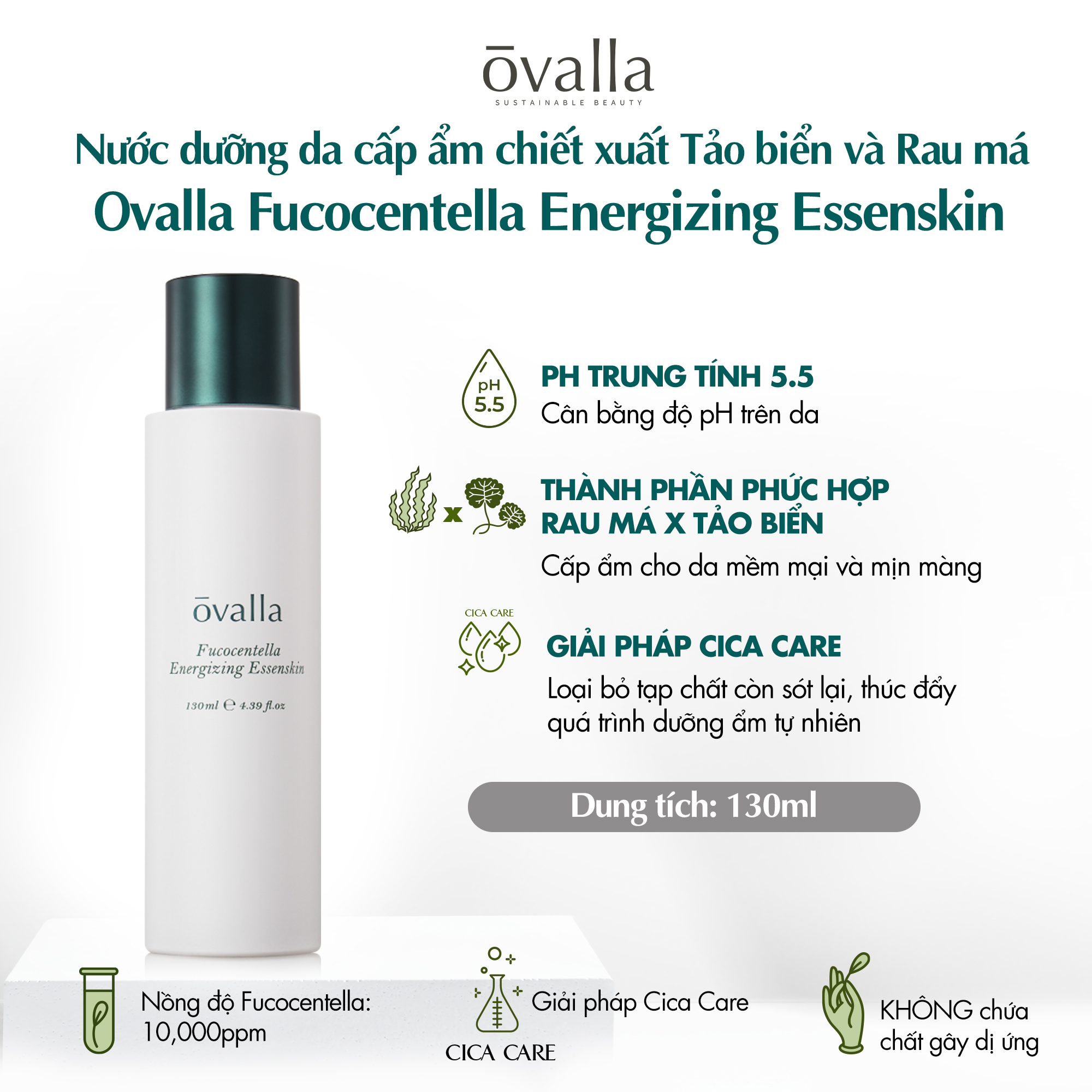 [SALE 50% CẬN DATE] Toner Nước Dưỡng Ẩm Thuần Chay OVALLA Fucocentella Energizing Essenskin Giúp Dưỡng Ẩm Phục Hồi Da, Giảm Nếp Nhăn Và Sáng Da 130ml Làm Đẹp Da Dưỡng Ẩm Da Skincare [CẬN DATE]