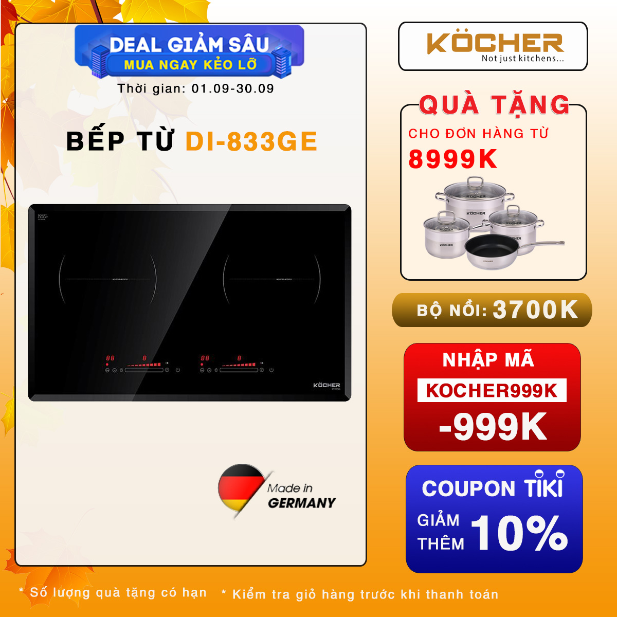 Bếp Điện Từ Đôi DI-833GE Công Nghệ Inverter, tiết kiệm điện, Nhiều tính năng, - Hàng chính hãng