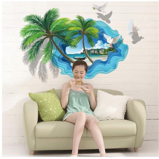 Decal trang trí tường 3D cảnh Cây dừa lớn cùng Biển