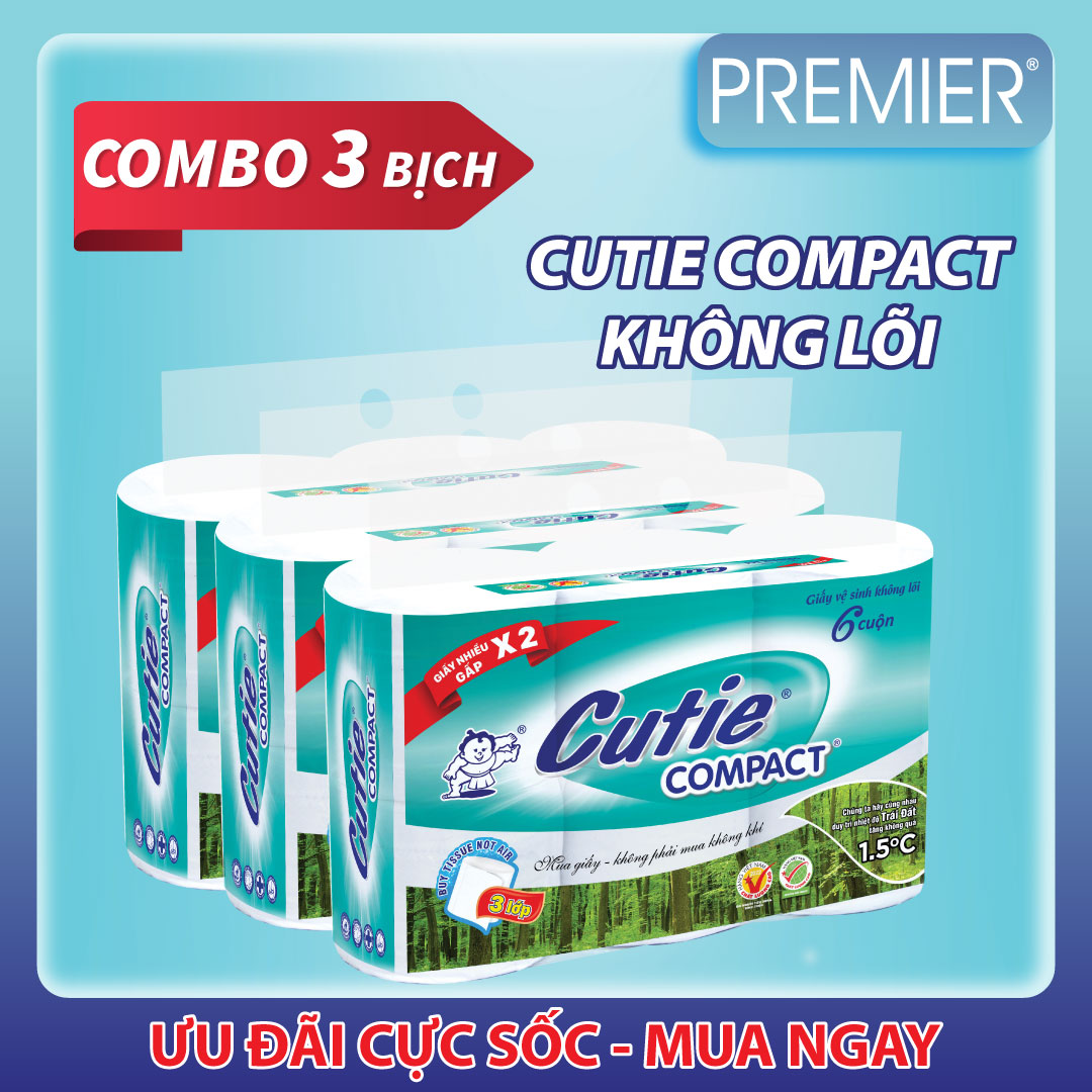 [COMBO 3 LỐC] Giấy vệ sinh tái chế Cutie Compact không lõi, 3 lớp không chất tẩy trắng lốc 6 cuộn