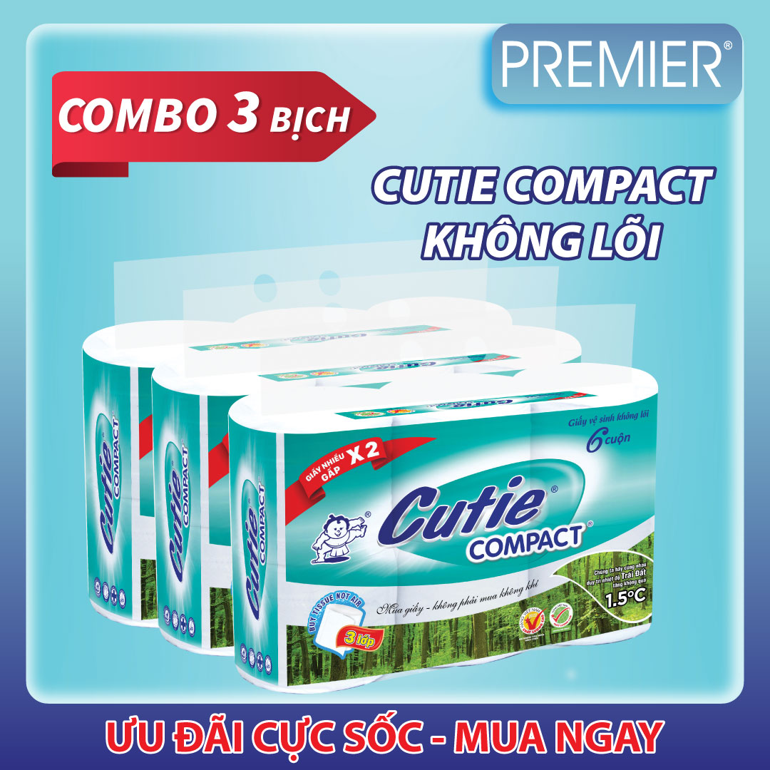 Giấy vệ sinh tái chế Cutie Compact không lõi, 3 lớp không chất tẩy trắng lốc 6 cuộn