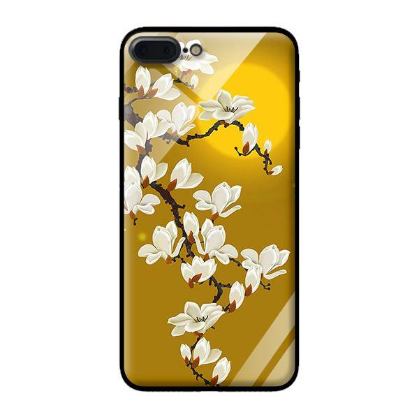 Ốp kính cường lực cho iPhone 7 Plus Hoa Trắng Nền Vàng - Hàng chính hãng