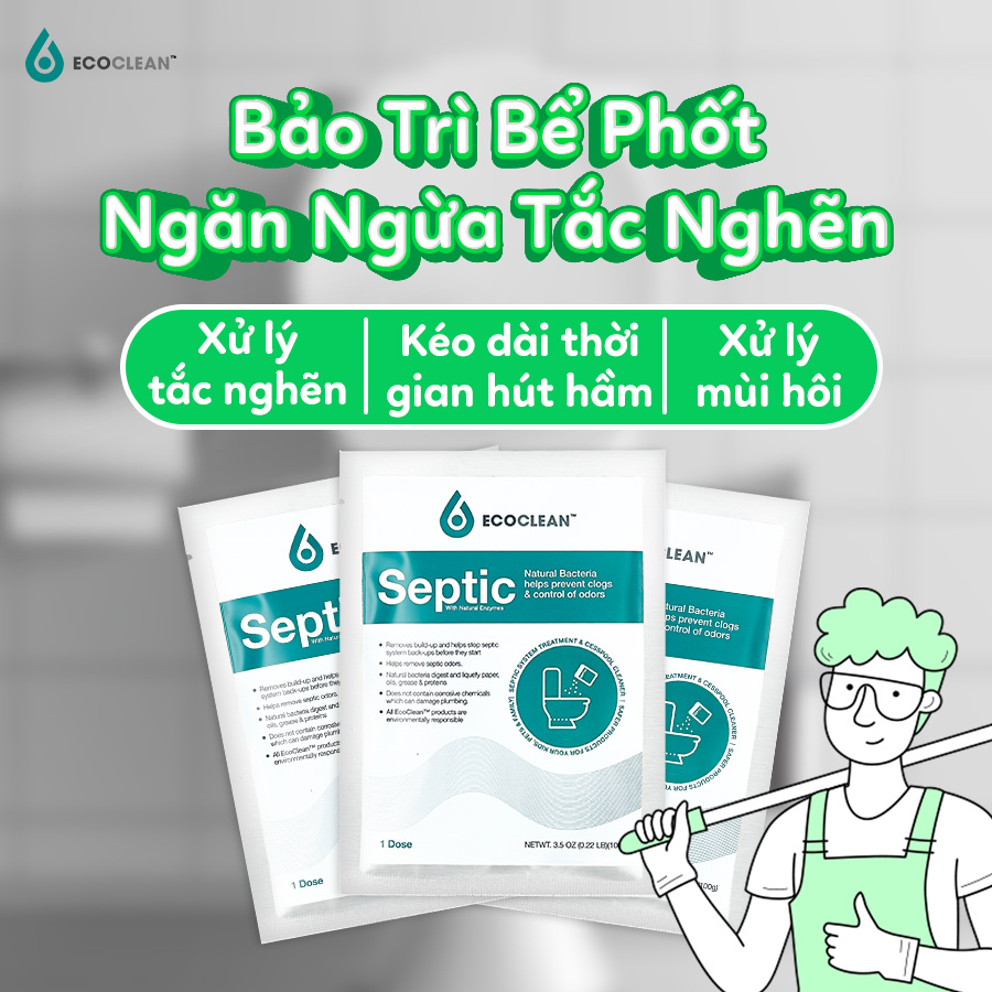 Ecoclean Septic - Men Vi Sinh Xử Lý Hầm Cầu Bể Phốt - Khử mùi, phân hủy chất thải, hết nghẹt hầm, hiệu quả sau 1 đêm - Gói 100g - 1 gói 100g