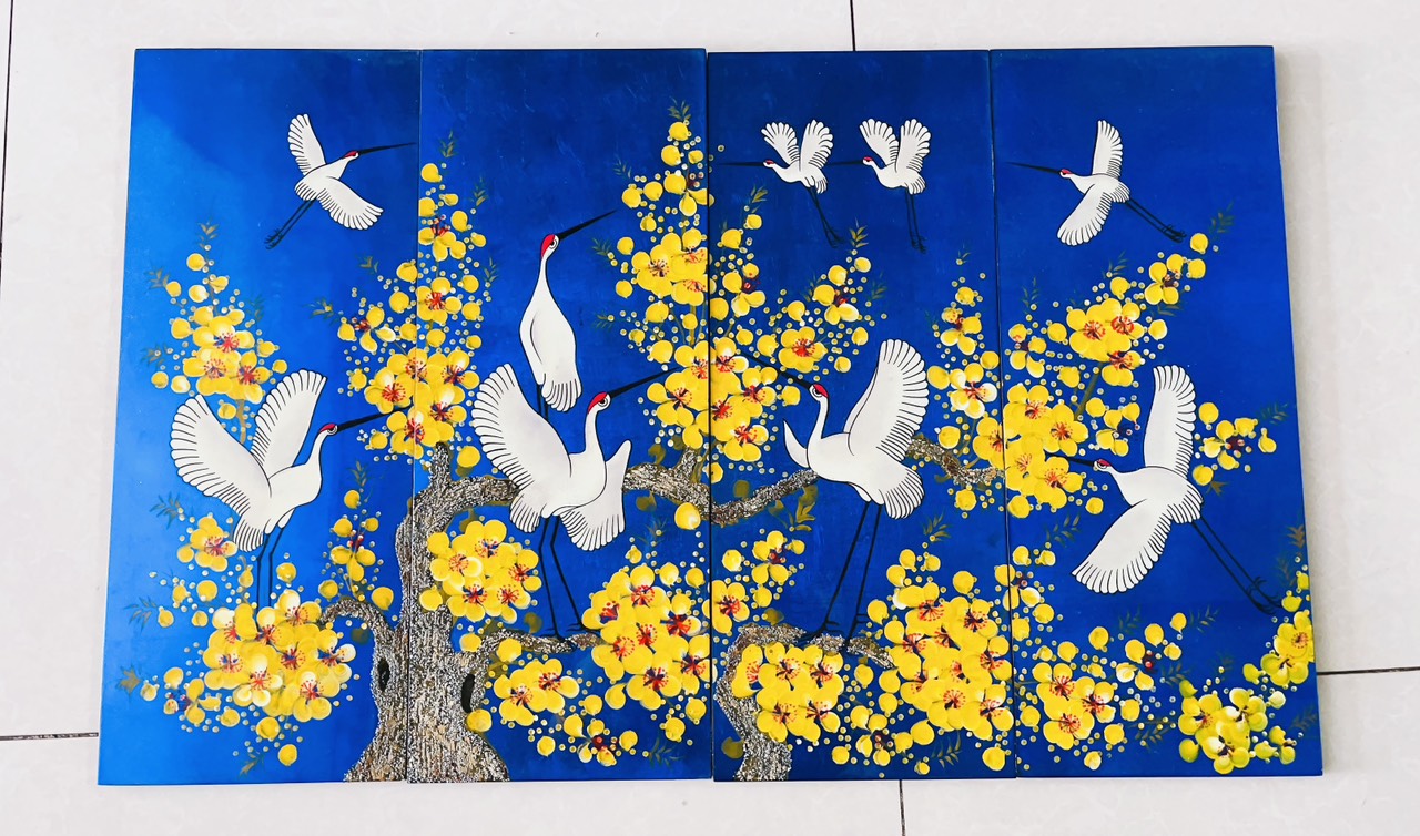 Bộ Tranh sơn mài 4 tấm - HOA ĐÀO &amp; ĐÀN HẠC TIÊN - Size 50x80 cm / 60x120 cm - Ý nghĩa Phong Thủy