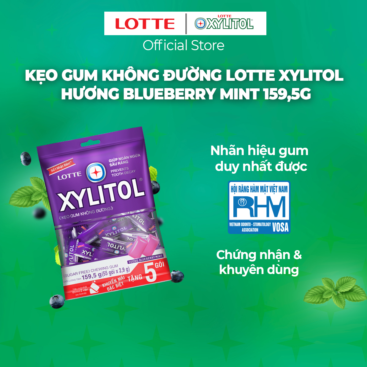 Kẹo Gum không đường Lotte Xylitol - Hương Blueberry Mint 159,5 g